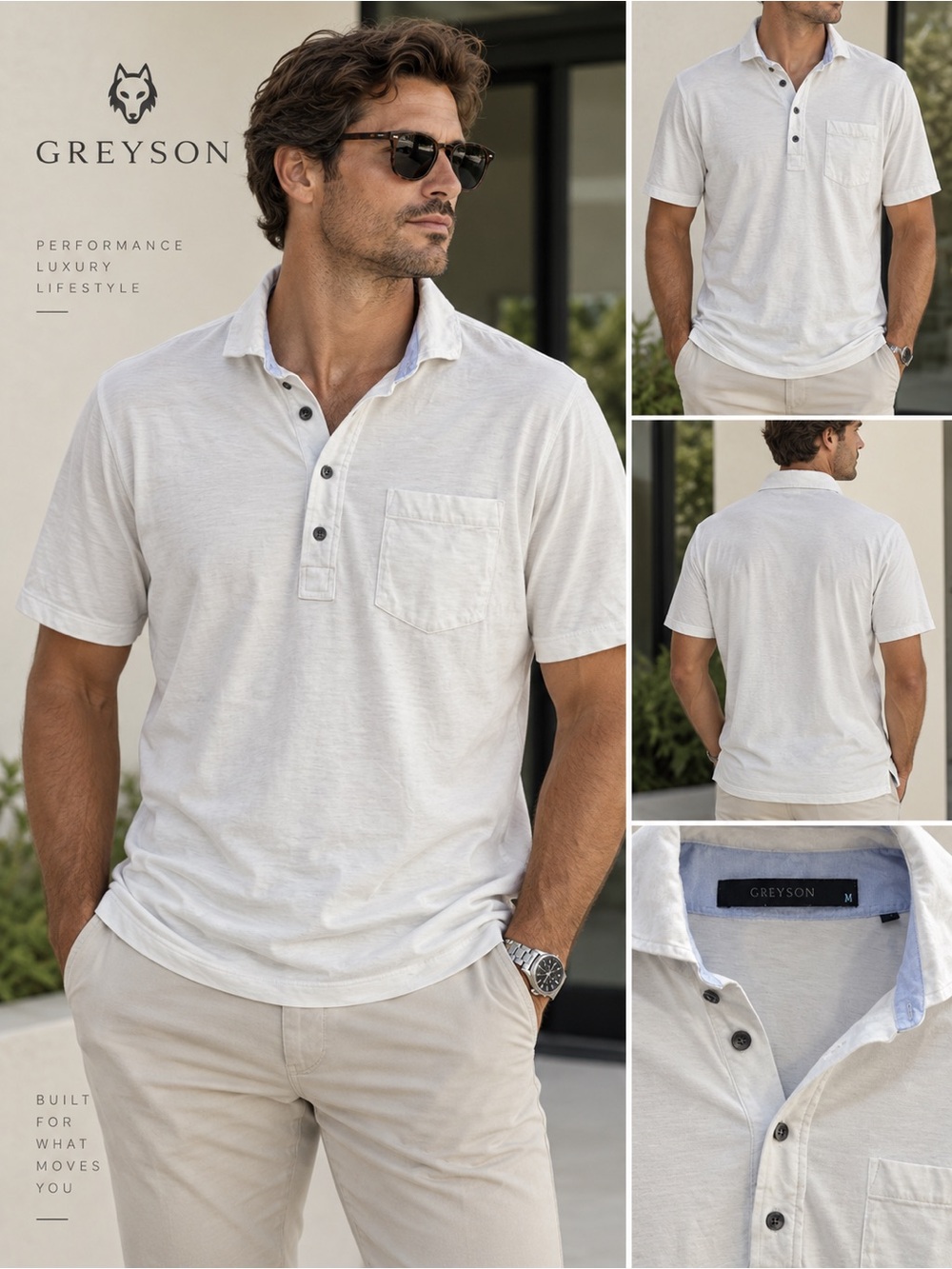 Greyson Men’s Polo Shirt White Short Sleeve Golf Performance Pocket M Preppy